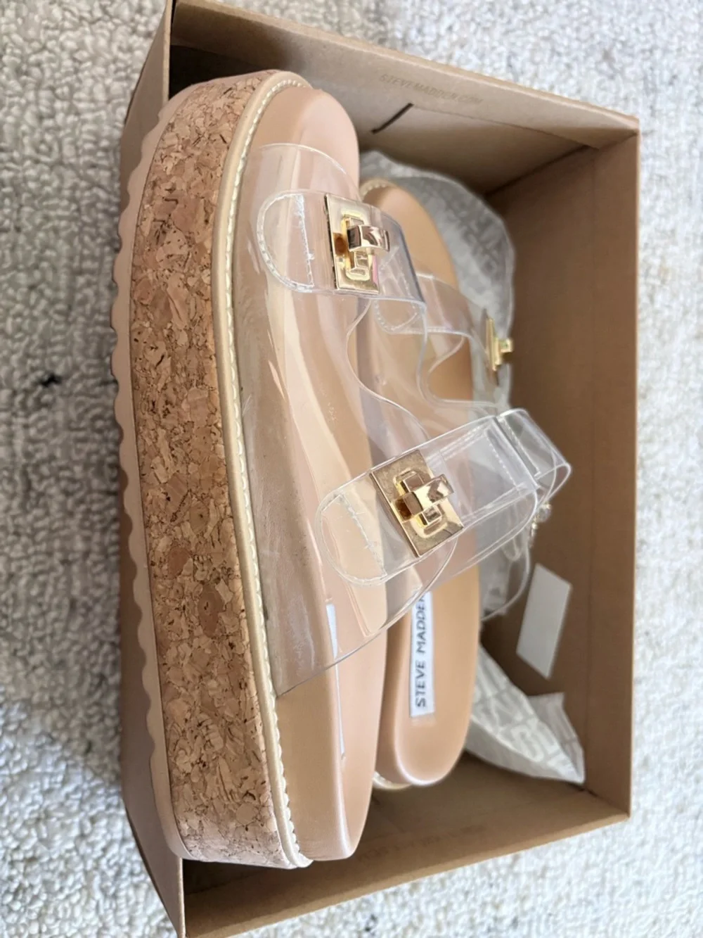 Steve Madden Clear Double-Strap Cork Platform Sandals - Nude/Gold